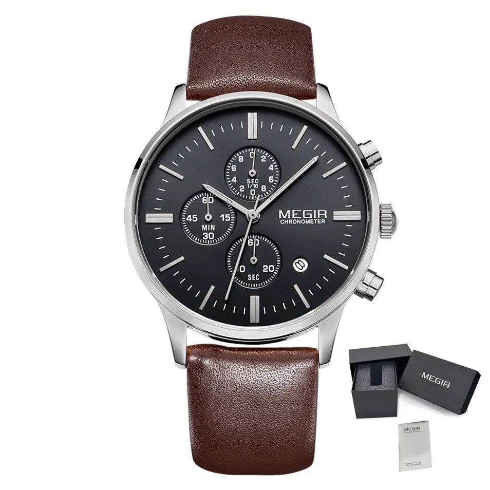 MEGIR Sport Watch for Men Luxury Waterproof Quartz Clock Leather Wristwatch Luminous Military Watches Calendar reloj hombre 2011