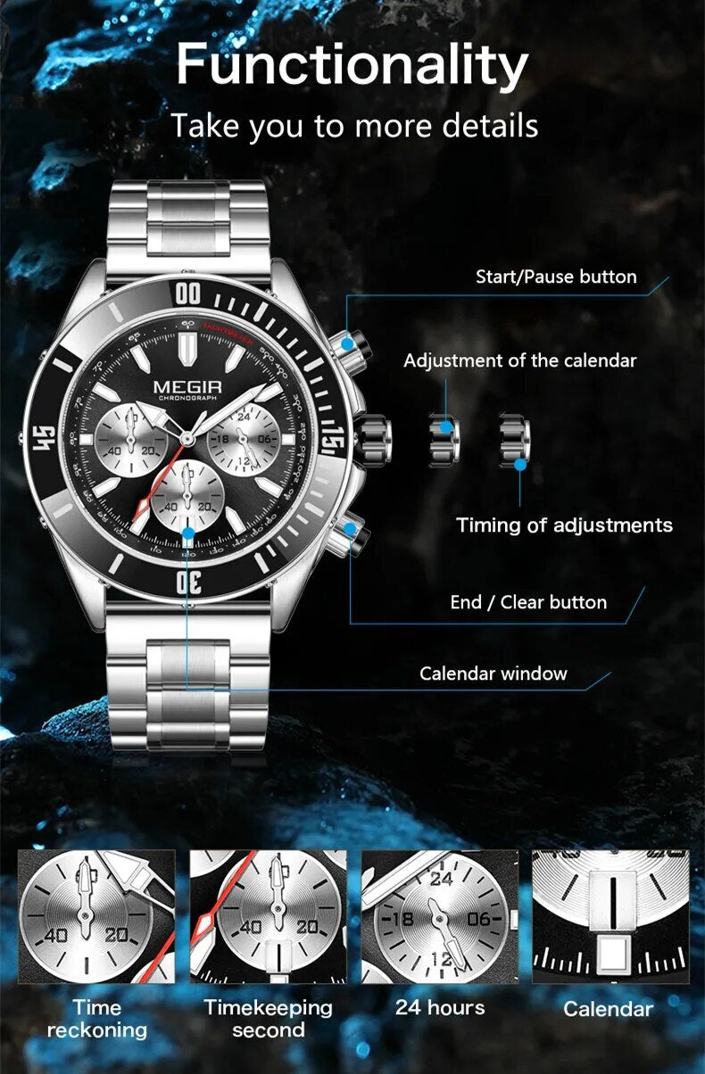 MEGIR Watch with Chronograph Men Fashion Quartz Military Waterproof Calendar Business Casual Wrist Watches Clock Montre Homme