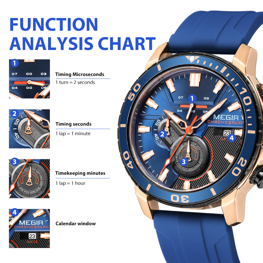 MEGIR Luxury Military Watches for Men Fashion Sport Quartz Wristwatch Waterproof Silicone Band Male Clock Chronograph with Date