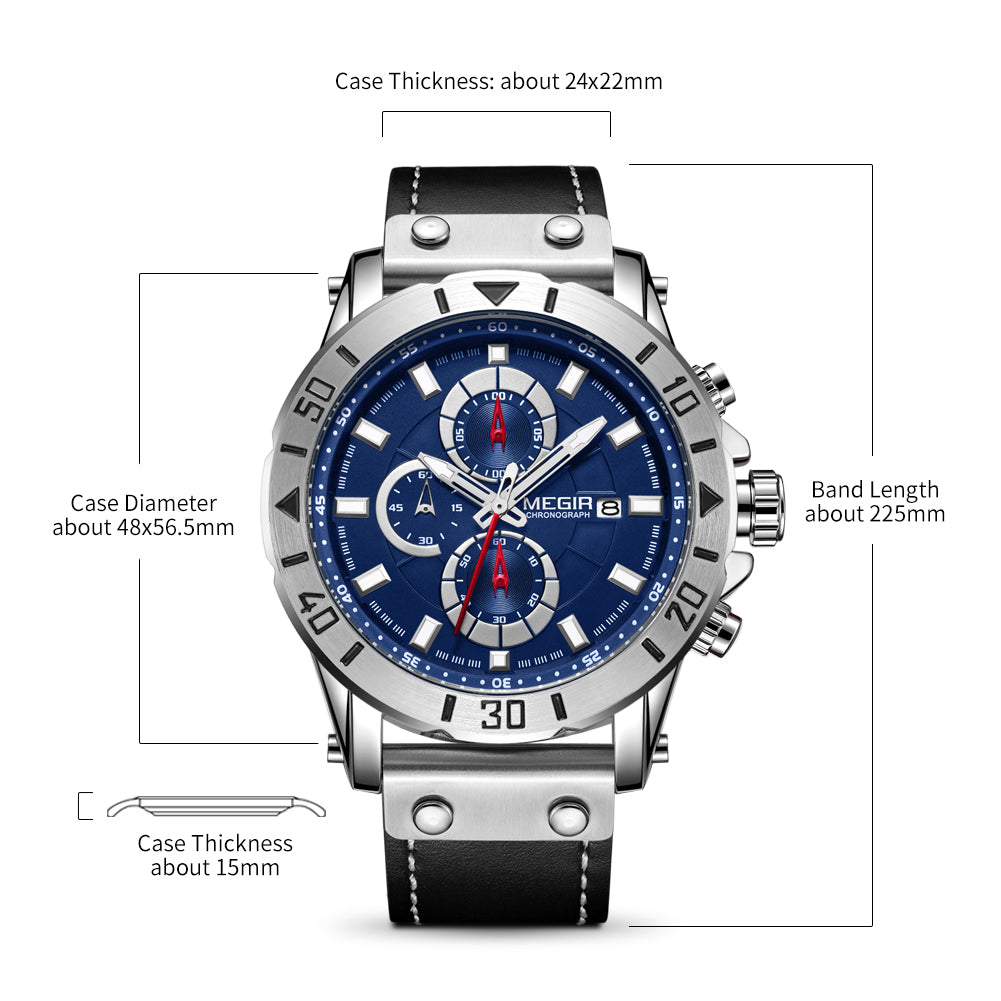 MEGIR Watch Men's Military Sport Wrist Watches Waterproof Leather Quartz Chronograph Calendar Luminous Clock Watch for Man 2081