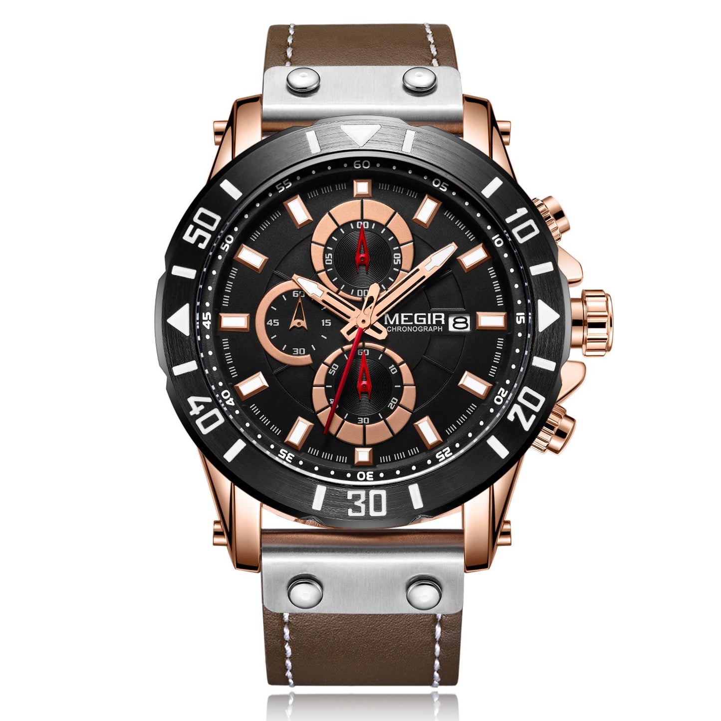MEGIR Watch Men's Military Sport Wrist Watches Waterproof Leather Quartz Chronograph Calendar Luminous Clock Watch for Man 2081