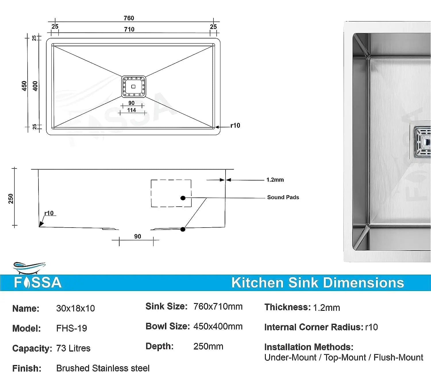 Fossa 30"x18"x10" Inch Single Bowl SS-304 Grade Stainless Steel Handmade Kitchen Sink Silver-1
