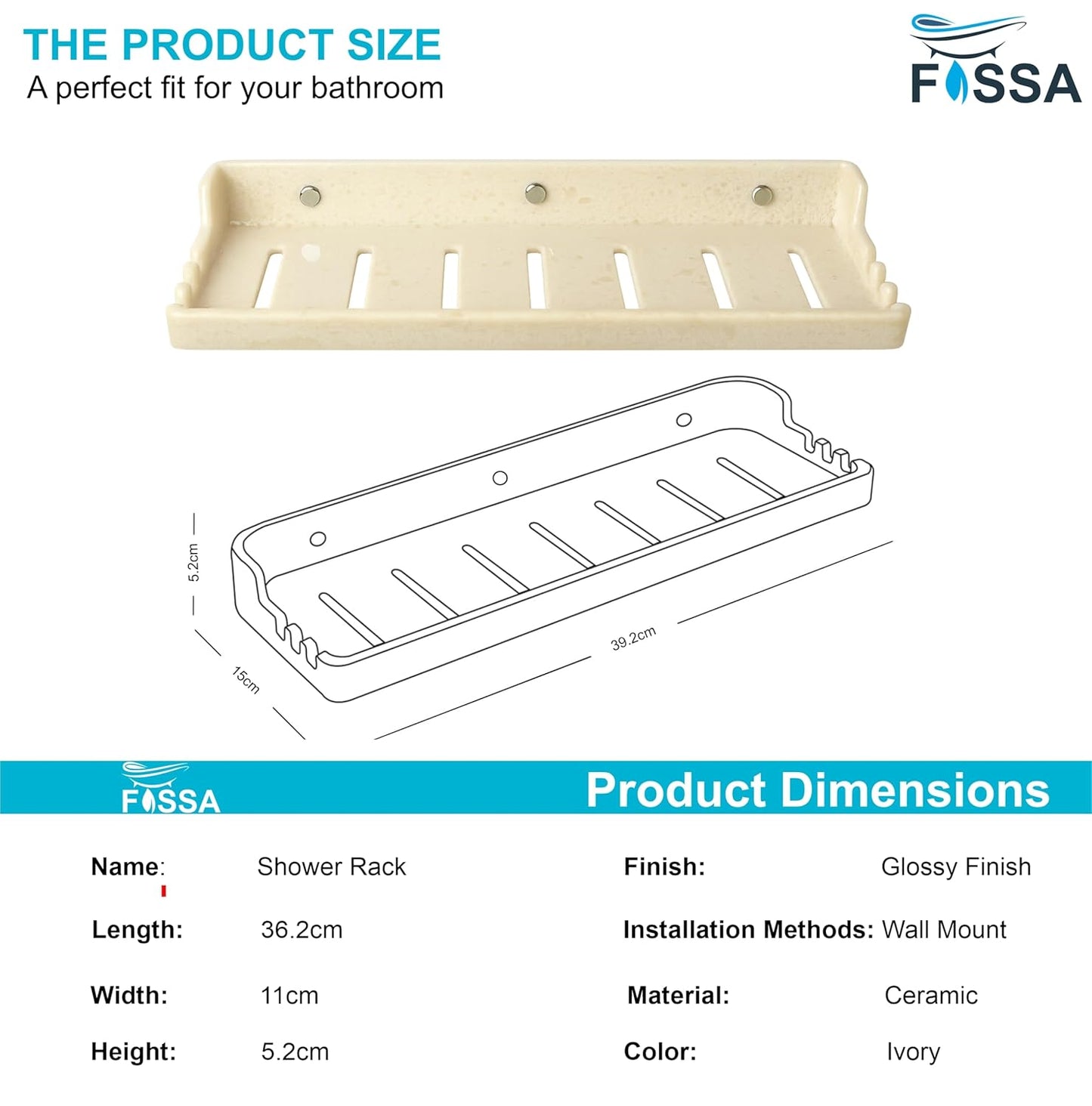 FOSSA Classic Ceramic Wall Mounted Shower Shelf Rack – Anti-Bacterial, Anti-Slip Organizer for Bathroom Storage | Stylish Multi-Soap Shower Holder | Ivory (Glossy Finish)-1