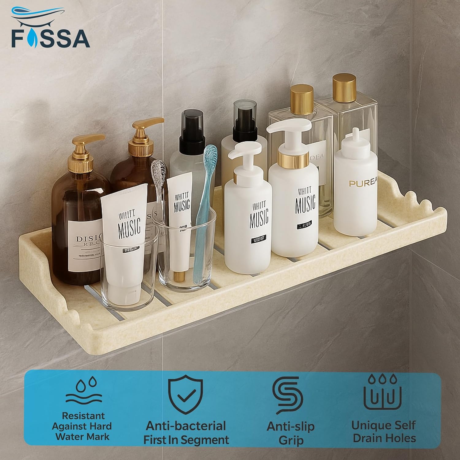 FOSSA Classic Ceramic Wall Mounted Shower Shelf Rack – Anti-Bacterial, Anti-Slip Organizer for Bathroom Storage | Stylish Multi-Soap Shower Holder | Ivory (Glossy Finish)-3