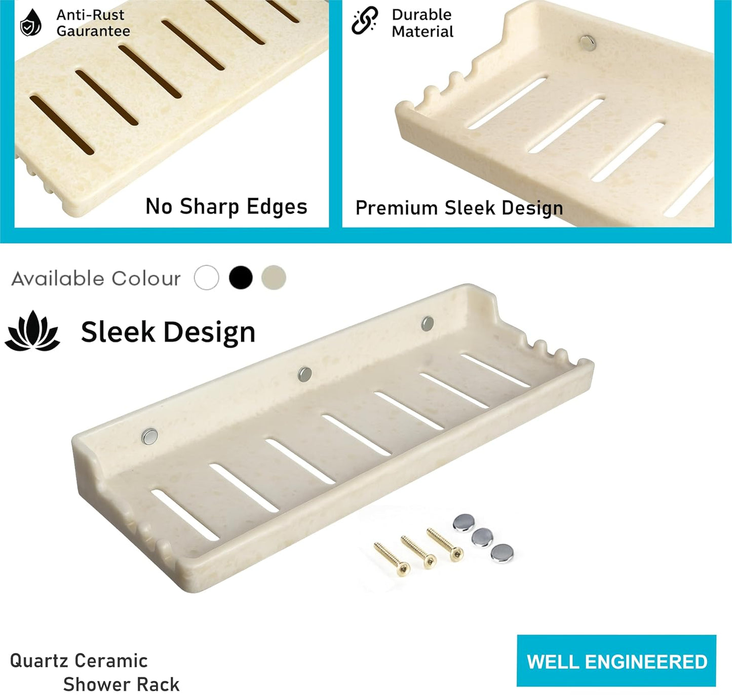 FOSSA Classic Ceramic Wall Mounted Shower Shelf Rack – Anti-Bacterial, Anti-Slip Organizer for Bathroom Storage | Stylish Multi-Soap Shower Holder | Ivory (Glossy Finish)-2